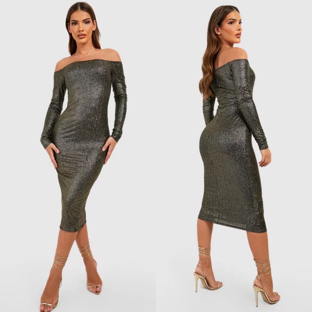 NEW Boohoo Metallic Glitter Bodycon Midi Dress Size 4